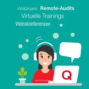 Frau vor Laptop mit qualityaustria Logo. Oben der Text: "Webinare, Remote-Audits, Virtuelle Trainings, Videokonferenzen".