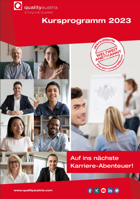 Cover vom Kursprogramm 2023, viele weibliche und männliche Gesichter mit Hinweis auf die akkreditierten Personenzertifikate der Quality Austria