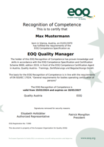 Muster eines EOQ Zertifikats