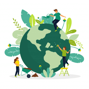 Illustration der Welt mit Pflanzen und Menschen machen Gartenarbeit