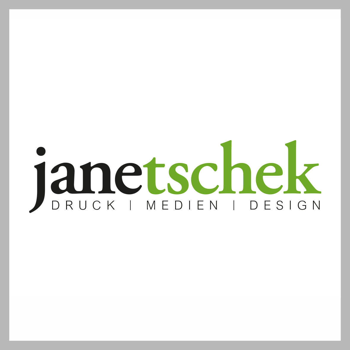 Logo janetschek in Farbe auf weiß, quadratisch, grau umrandet