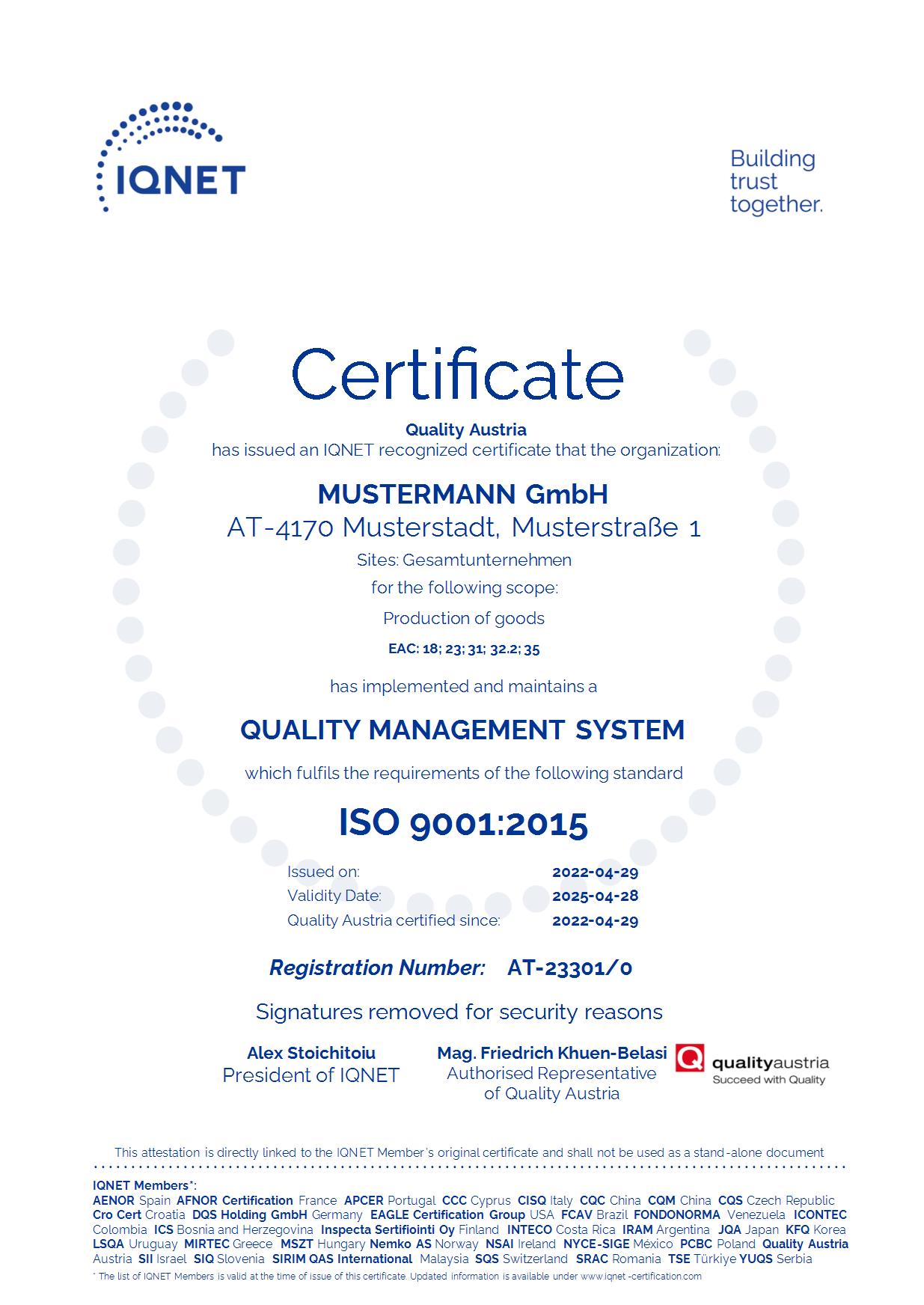 Muster eines IQNet Zertifikats für ISO 9001:2015
