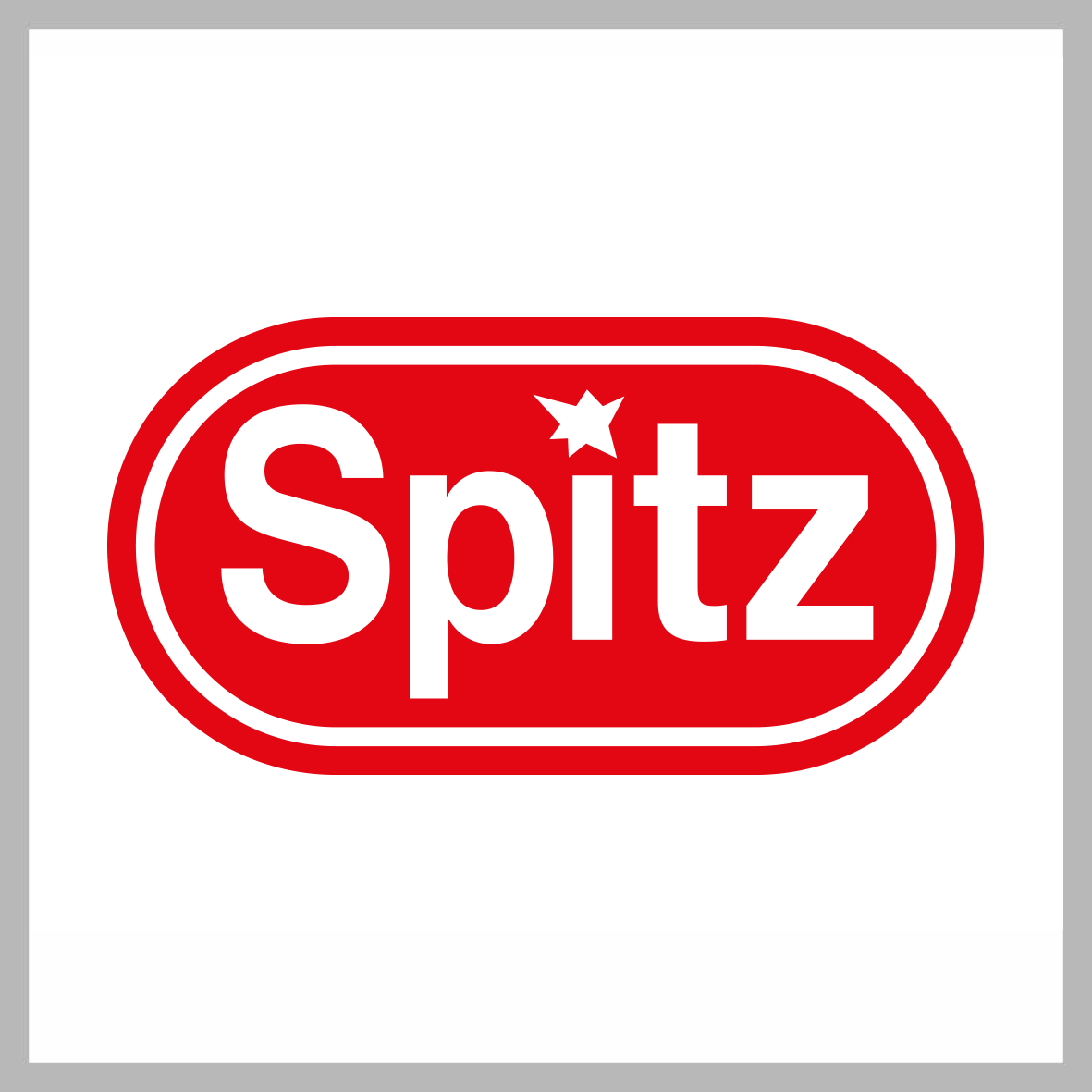 Logo Spitz in Farbe auf weiß, quadratisch, grau umrandet