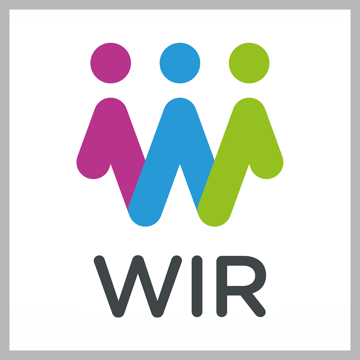 Logo WIR in Farbe auf weiß, quadratisch, grau umrandet